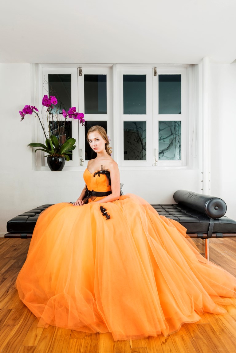 Black Scattered Lace Bright Tangerine Gown
