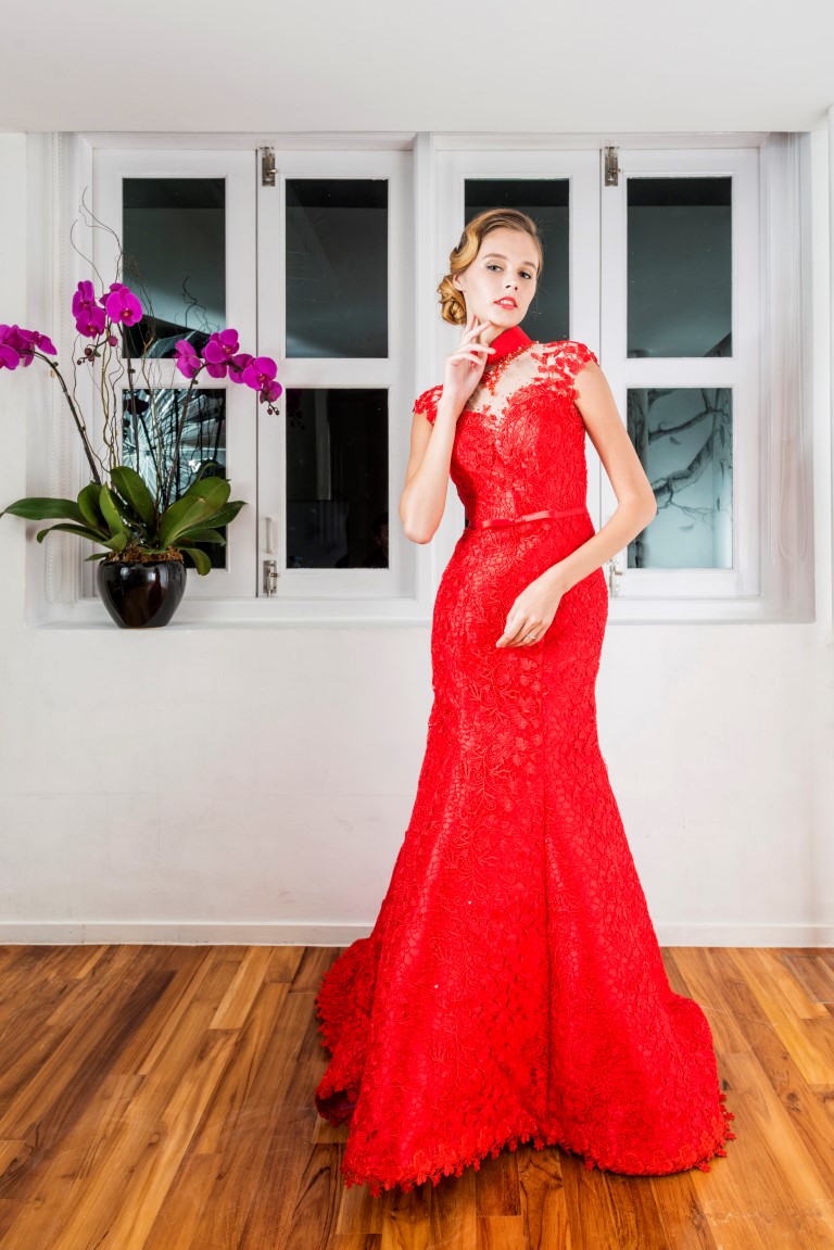 Chili Red Lace Cheongsam See Through Back Mermaid Gown