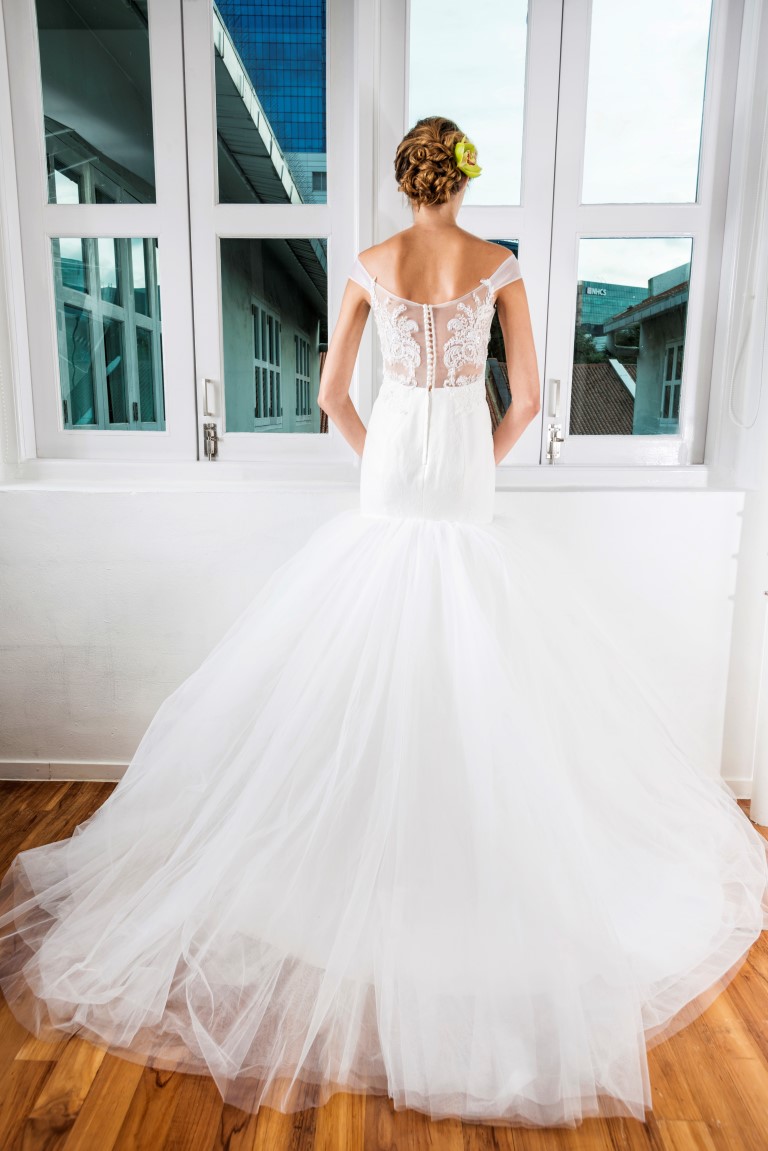 See Through Lace Back Off Shoulder Mermaid Gown