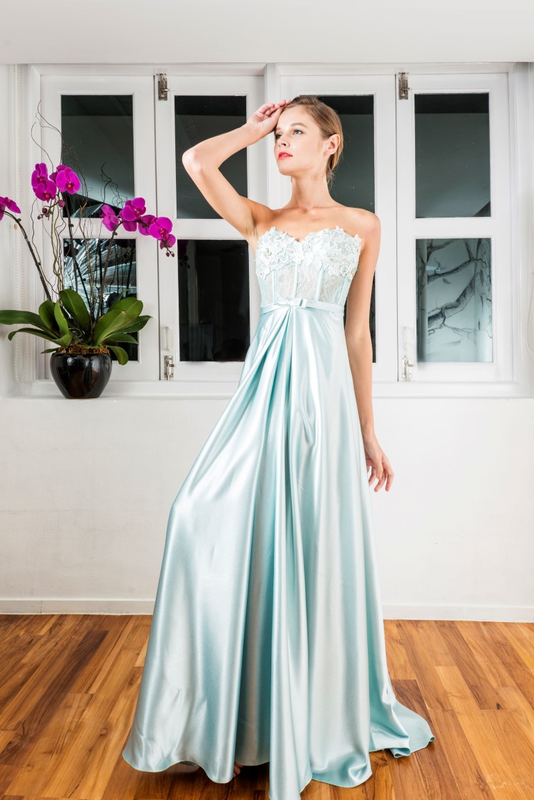 Teal Lace See Through Corset Satin Gown
