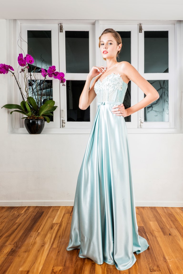 Teal Lace See Through Corset Satin Gown