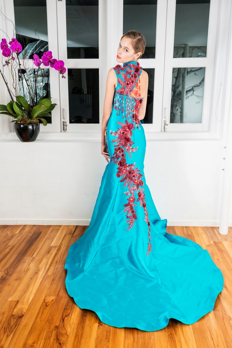Turquoise Floral Contrast Detail Mermaid Gown