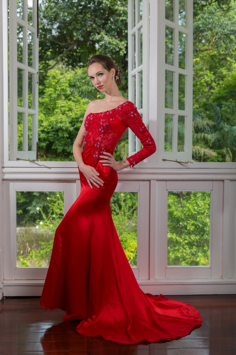 Chilli Red Beaded Lace Sleeve Toga Satin Mermaid Evening Dress