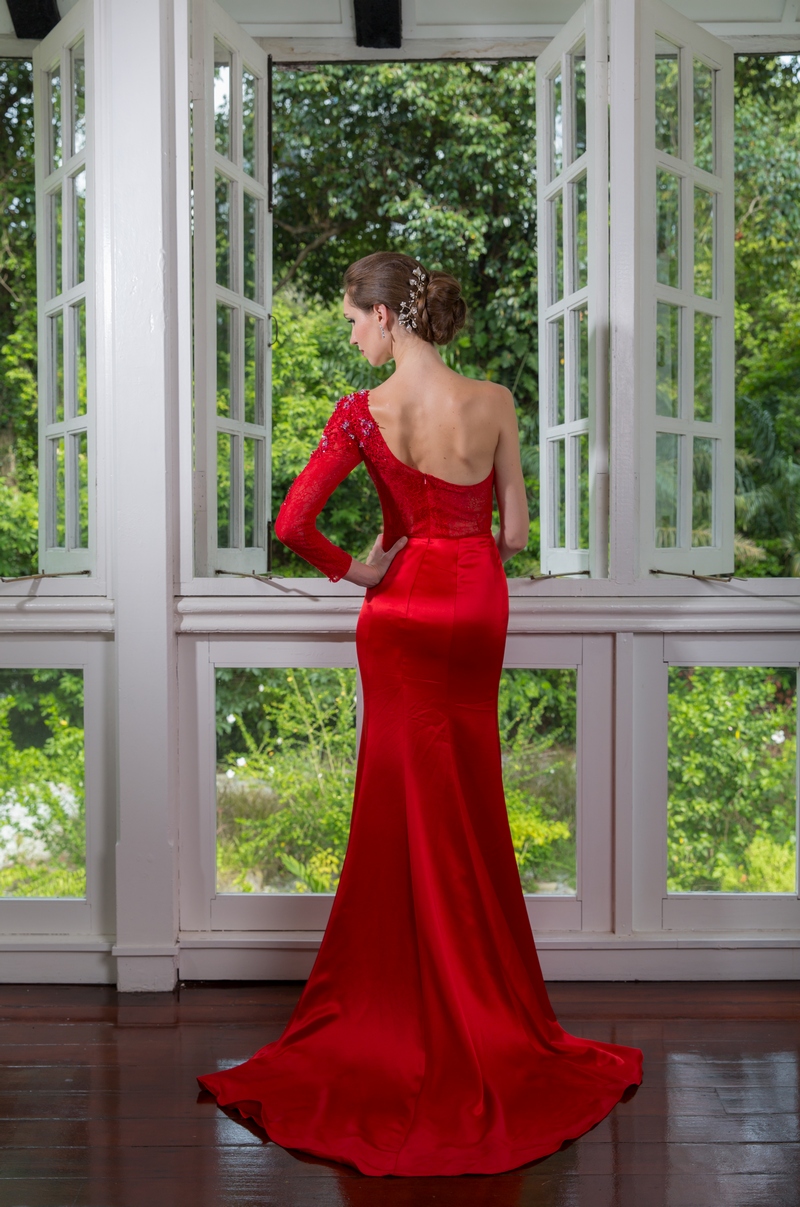 Chilli Red Beaded Lace Sleeve Toga Satin Mermaid Evening Dress