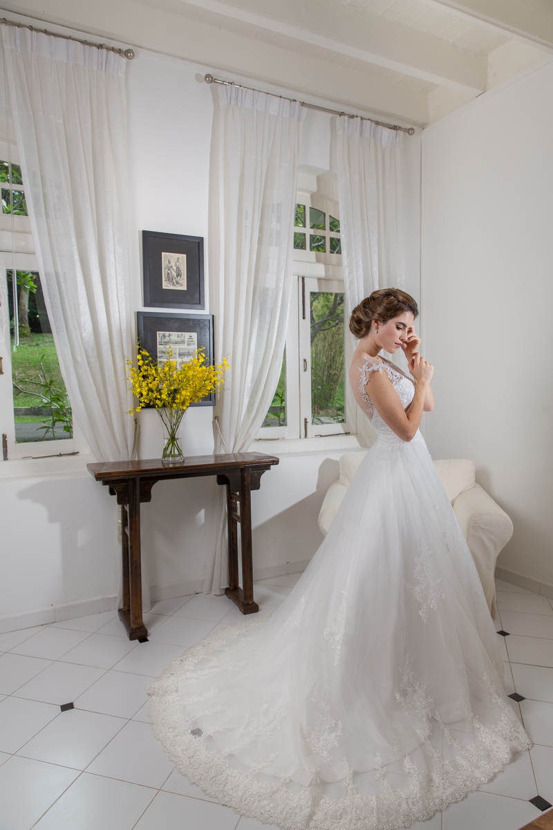 Illusion Neckline Cap Sleeves Lace Bodice Low V Back Wedding Dress