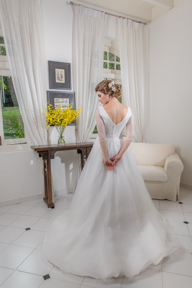V Neck Lace Sleeves Crystal Bead Bodice Wedding Dress