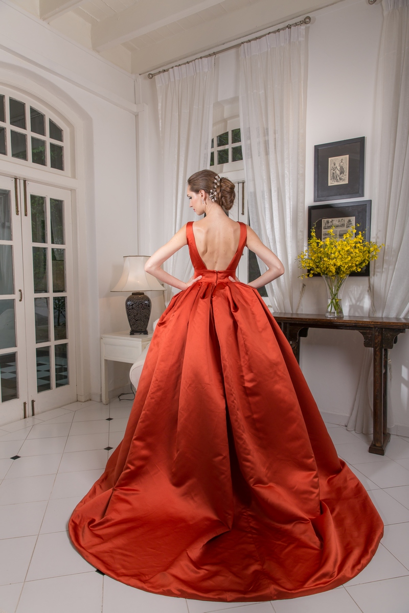 Plunging Neckline Tangerine Satin Ballgown Evening Dress