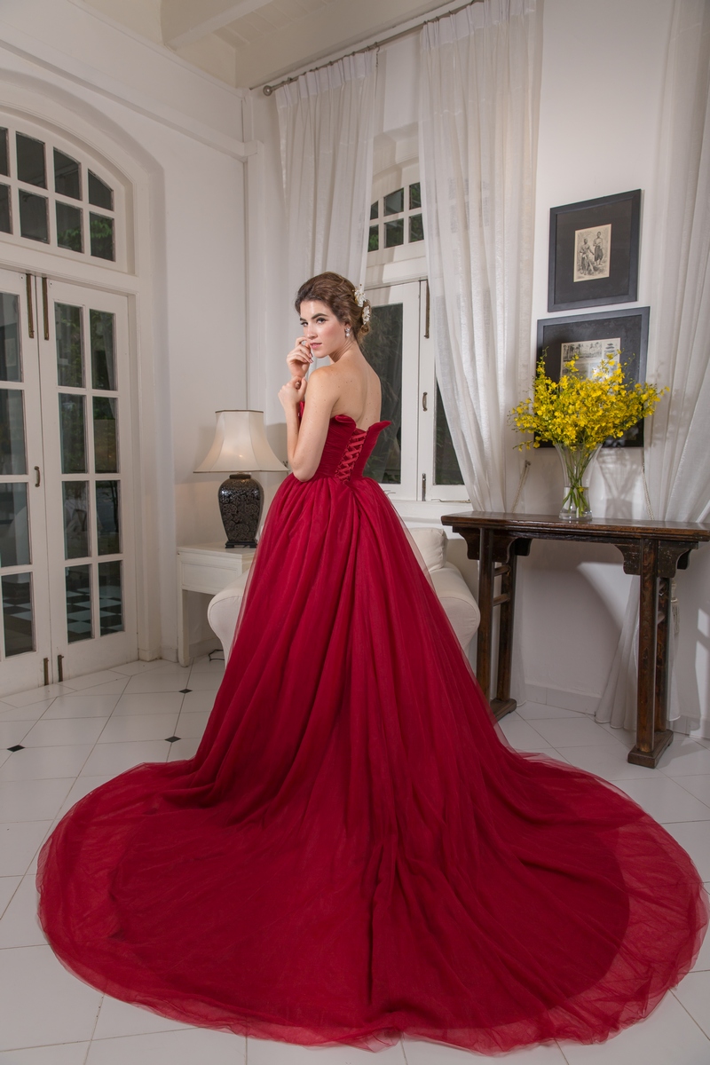 Wine Red Pleated Tulle Ballgown Evening Dress
