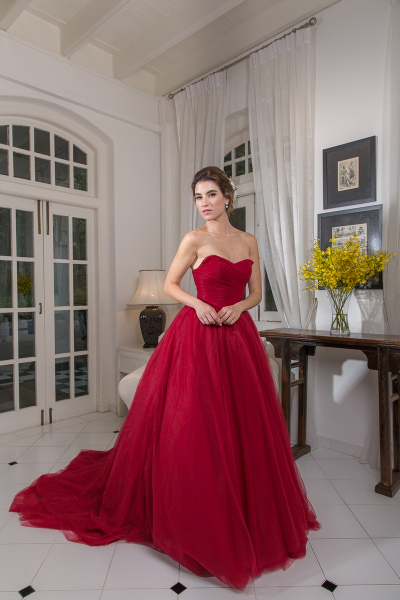 Wine Red Pleated Tulle Ballgown Evening Dress