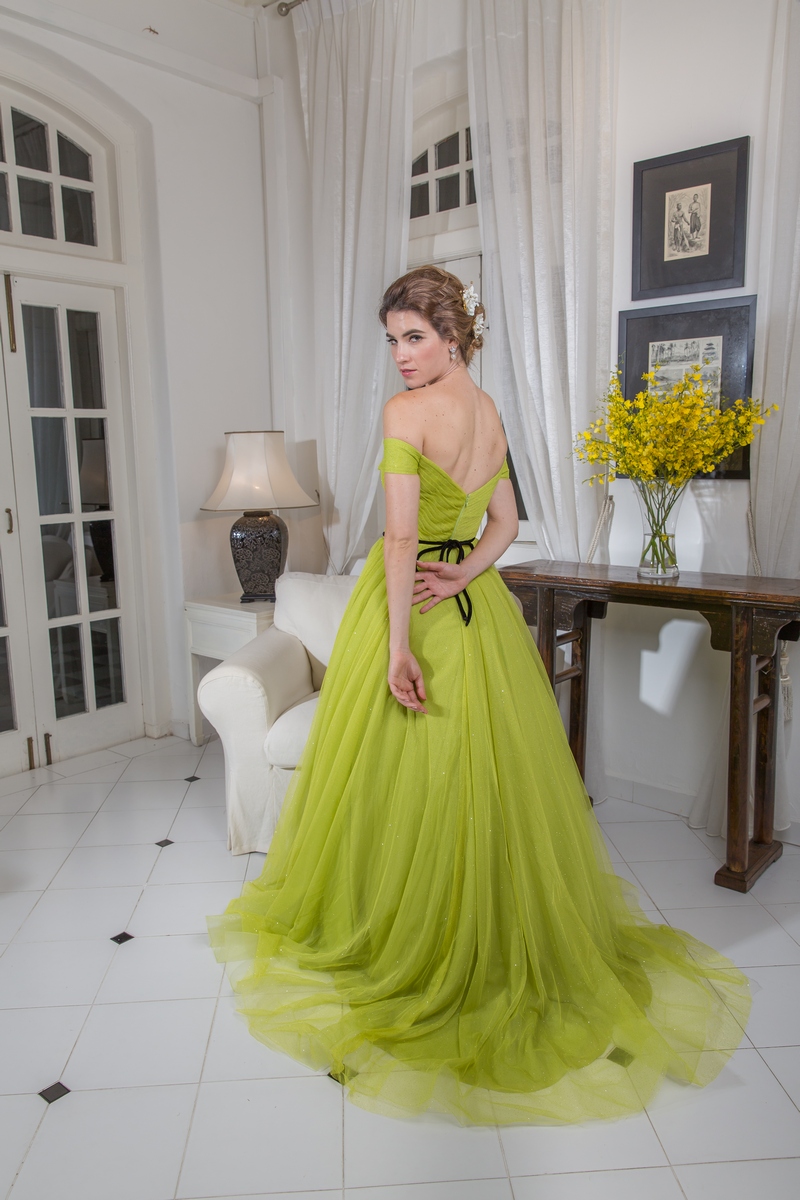 Lime Green Pleated Off Shoulder Evening Dress
