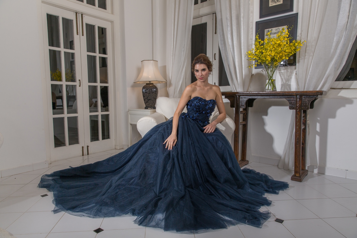 Navy Blue Sweetheart Bustier 3D Floral Lace Ballgown Evening Dress