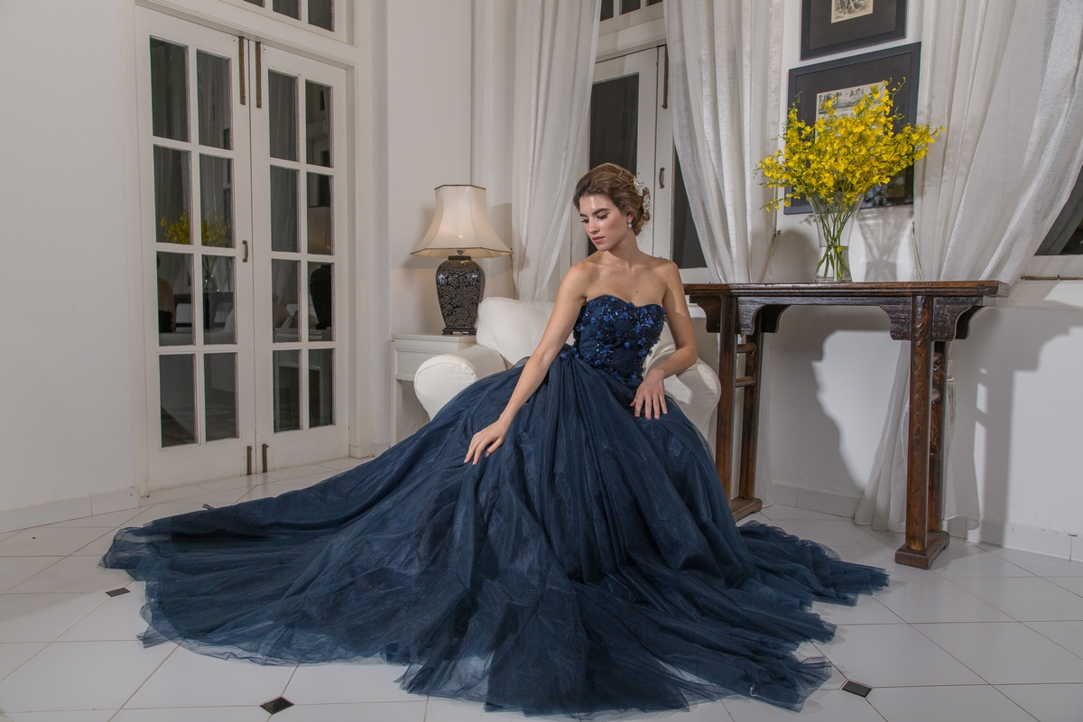 Navy Blue Sweetheart Bustier 3D Floral Lace Ballgown Evening Dress