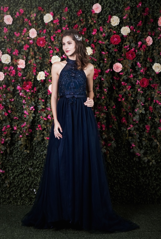 Halter Navy Beaded See Illusion Back Flowy Gown