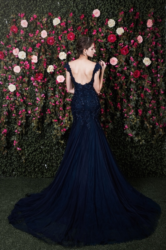 Navy Beaded Lace Low Back Mermaid Gown