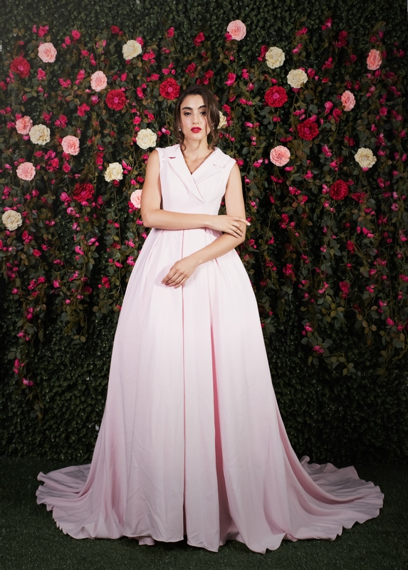 Collared Pastel Pink Pleated Ballgown